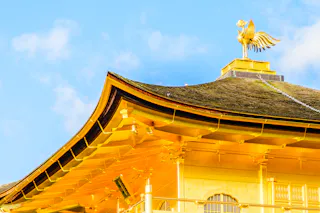 A close-up view of the upper part of Kinkaku-ji, the Golden Pavilion in Kyoto, Japan. The roof is adorned with a golden phoenix statue, and the detailed eaves showcase the structure's ornate architecture, all illuminated by bright sunlight against a blue sky.