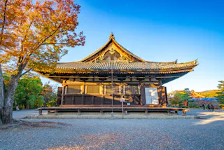 A traditional Japanese wooden temple with ornate roofing sits under a clear blue sky. The surrounding trees display vibrant autumn colors, predominantly orange and yellow. A few people can be seen in the background, exploring the temple grounds.