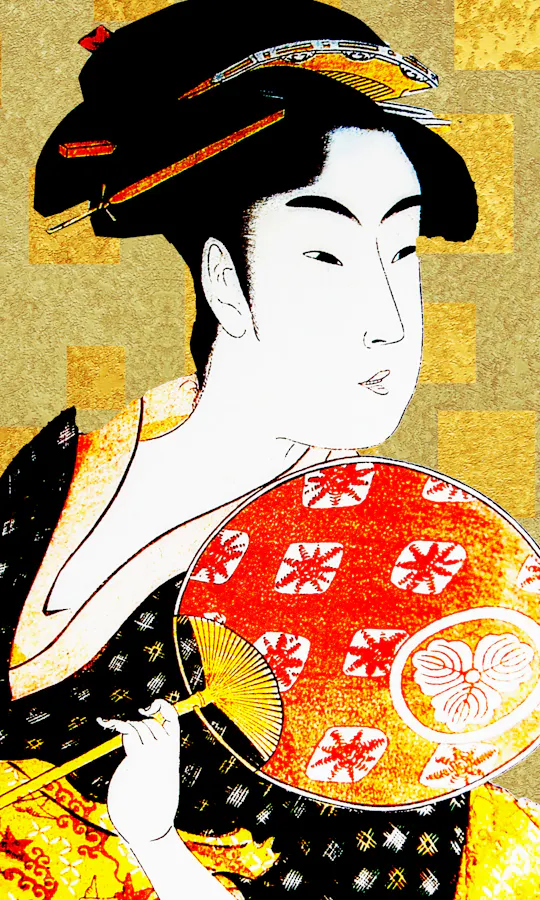 Ukiyoe A traditional Japanese woman in a colorful kimono holding a decorative fan stands against a gold and yellow geometric patterned background. The image blends classical Japanese art with modern design elements.