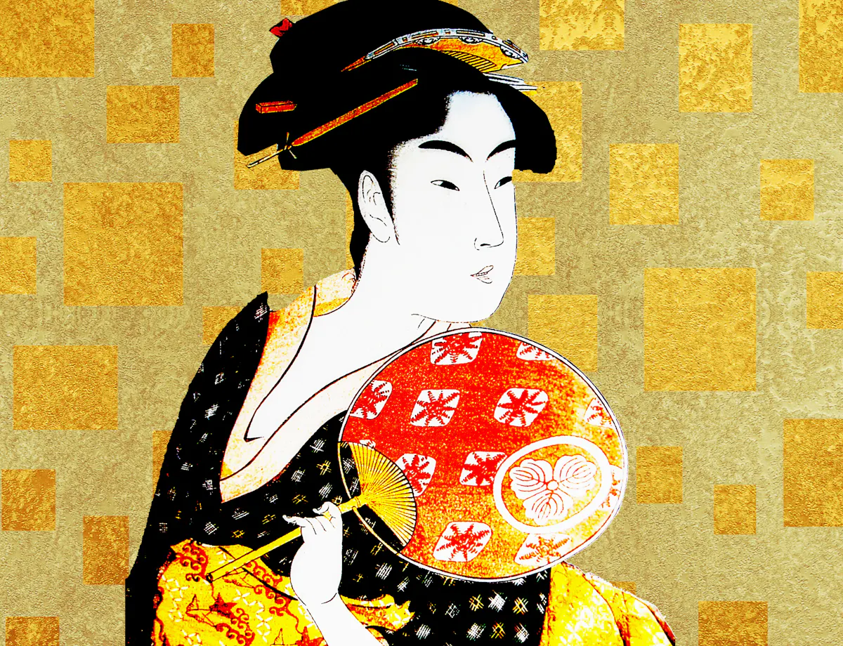 Ukiyoe A traditional Japanese woman in a colorful kimono holding a decorative fan stands against a gold and yellow geometric patterned background. The image blends classical Japanese art with modern design elements.