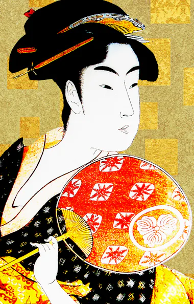 Ukiyoe A traditional Japanese woman in a colorful kimono holding a decorative fan stands against a gold and yellow geometric patterned background. The image blends classical Japanese art with modern design elements.