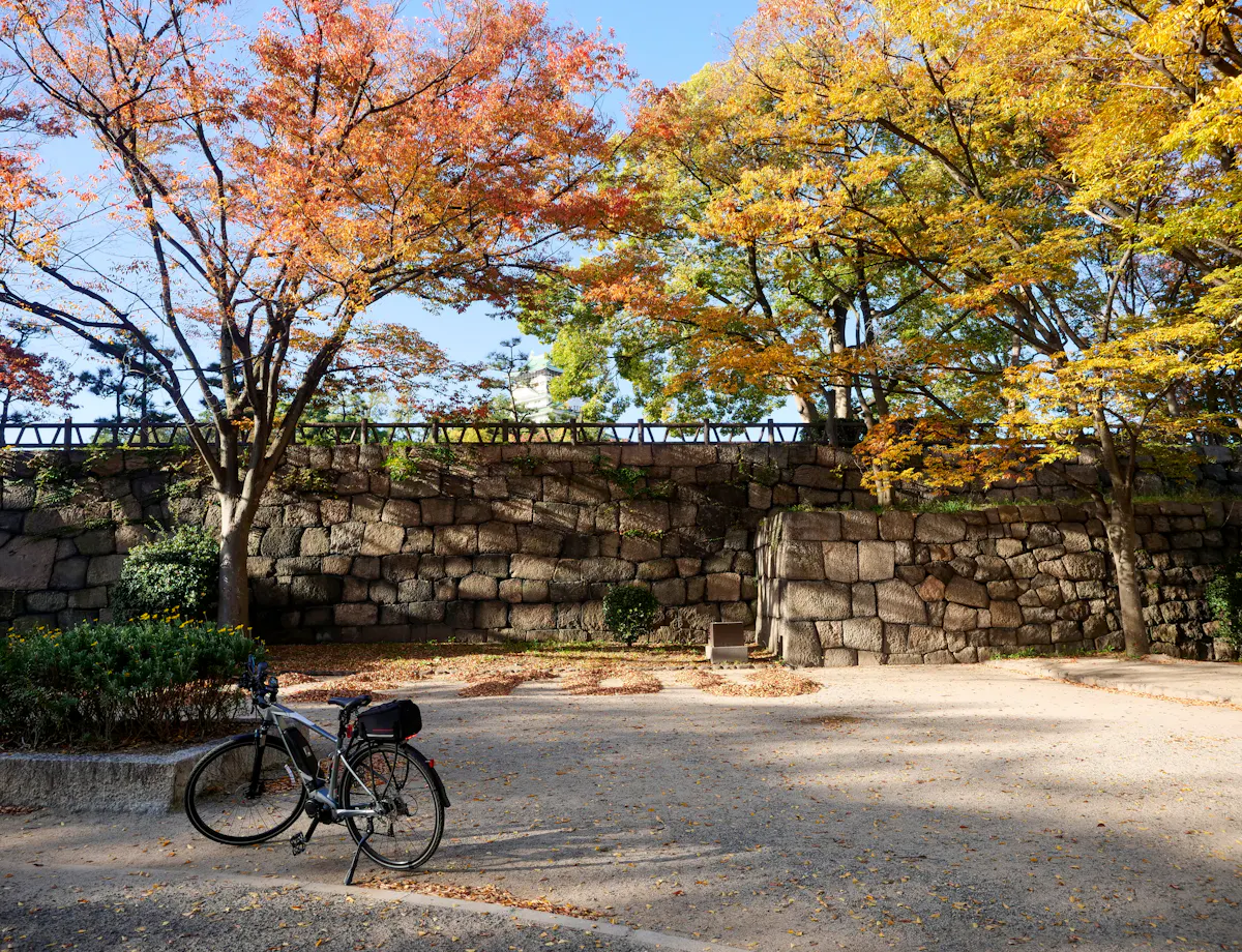 Osaka Castle Park Cycling A bicycle is parked on a sunlit path covered with fallen leaves. Trees with orange and yellow autumn foliage stand in front of a large stone wall under a clear blue sky.