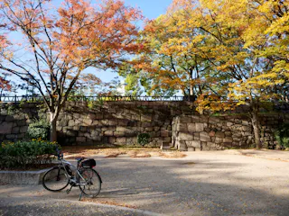 A bicycle is parked on a sunlit path covered with fallen leaves. Trees with orange and yellow autumn foliage stand in front of a large stone wall under a clear blue sky.