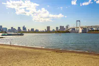 A sandy beach borders calm water with a boat, city skyline, and a large suspension bridge in the background under a partly cloudy sky.