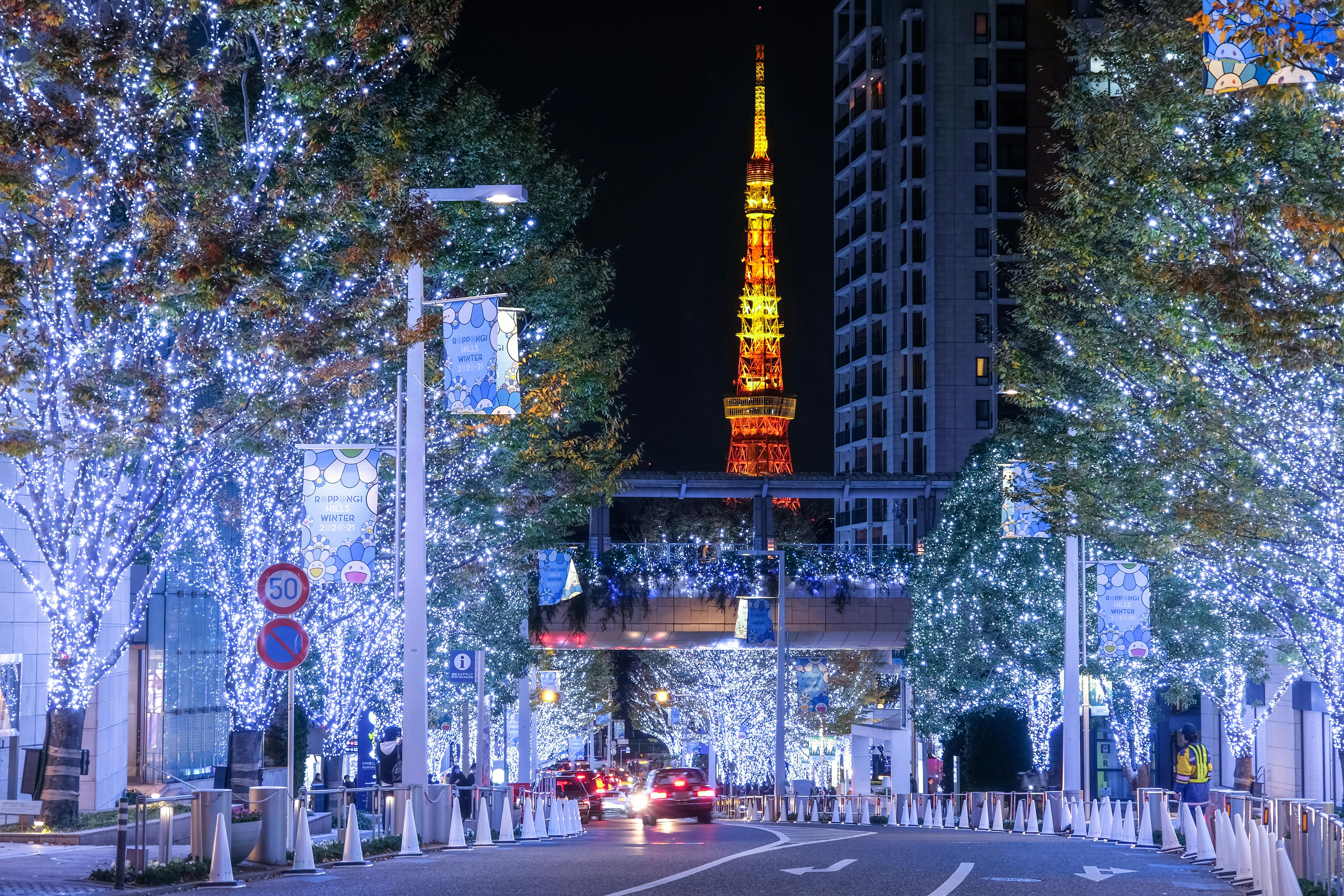 A city street at night is lined with trees covered in bright white holiday lights, with the illuminated Tokyo Tower glowing orange in the background. Cars drive down the road and tall buildings are on either side.