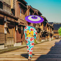Higashi Chaya A person wearing a colorful kimono and holding a purple parasol walks down a traditional Japanese street lined with wooden buildings on a sunny day.