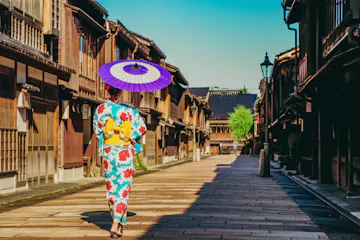 Higashi Chaya A person wearing a colorful kimono and holding a purple parasol walks down a traditional Japanese street lined with wooden buildings on a sunny day.