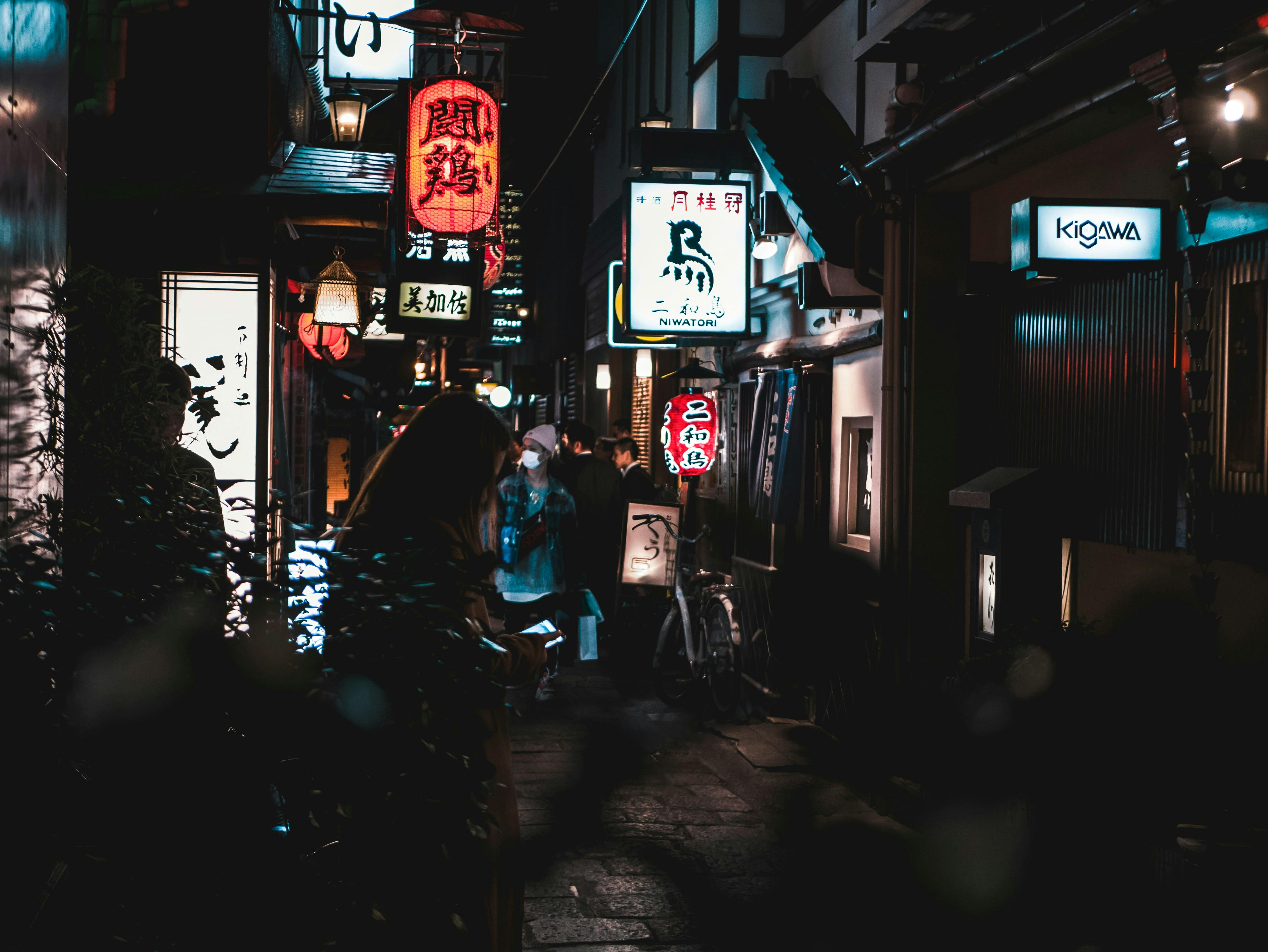 A narrow, dimly lit alley at night in Japan, lined with glowing neon signs and lanterns, with people walking and a person in the foreground partially in shadow.