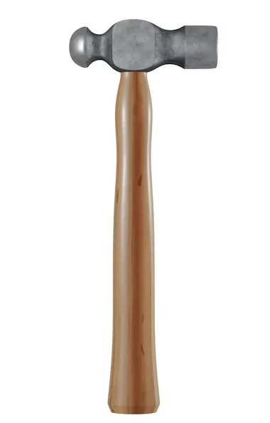 Hammer A ball-peen hammer with a wooden handle and a metal head, featuring a flat striking surface on one end and a rounded, ball-shaped peen on the opposite end, shown against a white background.