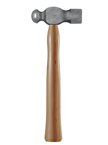 A ball-peen hammer with a wooden handle and a metal head, featuring a flat striking surface on one end and a rounded, ball-shaped peen on the opposite end, shown against a white background.