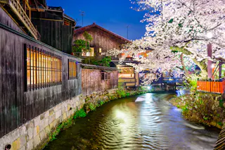 Traditional wooden buildings line a narrow canal beside blooming cherry blossom trees, illuminated by warm lights at dusk in a Japanese town. The scene reflects serenely on the water.