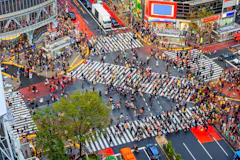 Aerial view of a busy urban intersection with hundreds of people crossing wide striped crosswalks in different directions. Bright buildings, vehicles, and a tree are visible around the crowded crossing.