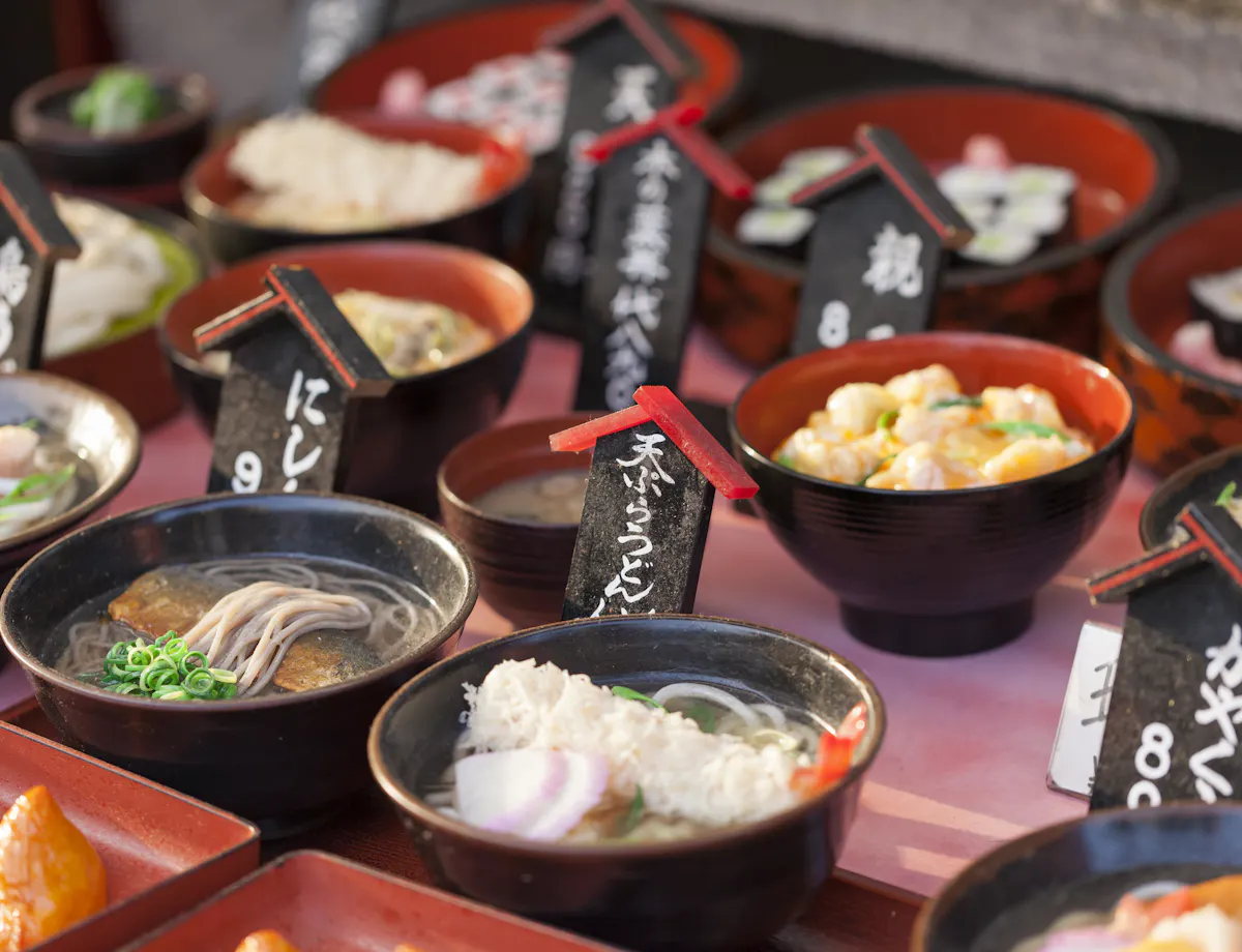 Kyoto Food A display of various Japanese noodle and rice dishes in bowls with small black signs showing names and prices, likely outside a restaurant as sample food models to attract customers.