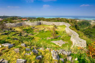 Aerial view of an ancient stone fortress with curved walls surrounded by greenery, rocky terrain, and distant ocean under a blue sky.