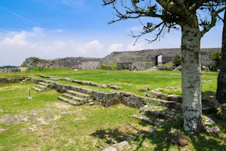 Ancient stone ruins with a wide grassy area, crumbling stone steps, and a large tree in the foreground, under a partly cloudy blue sky. A stone wall with an open archway stands in the background.