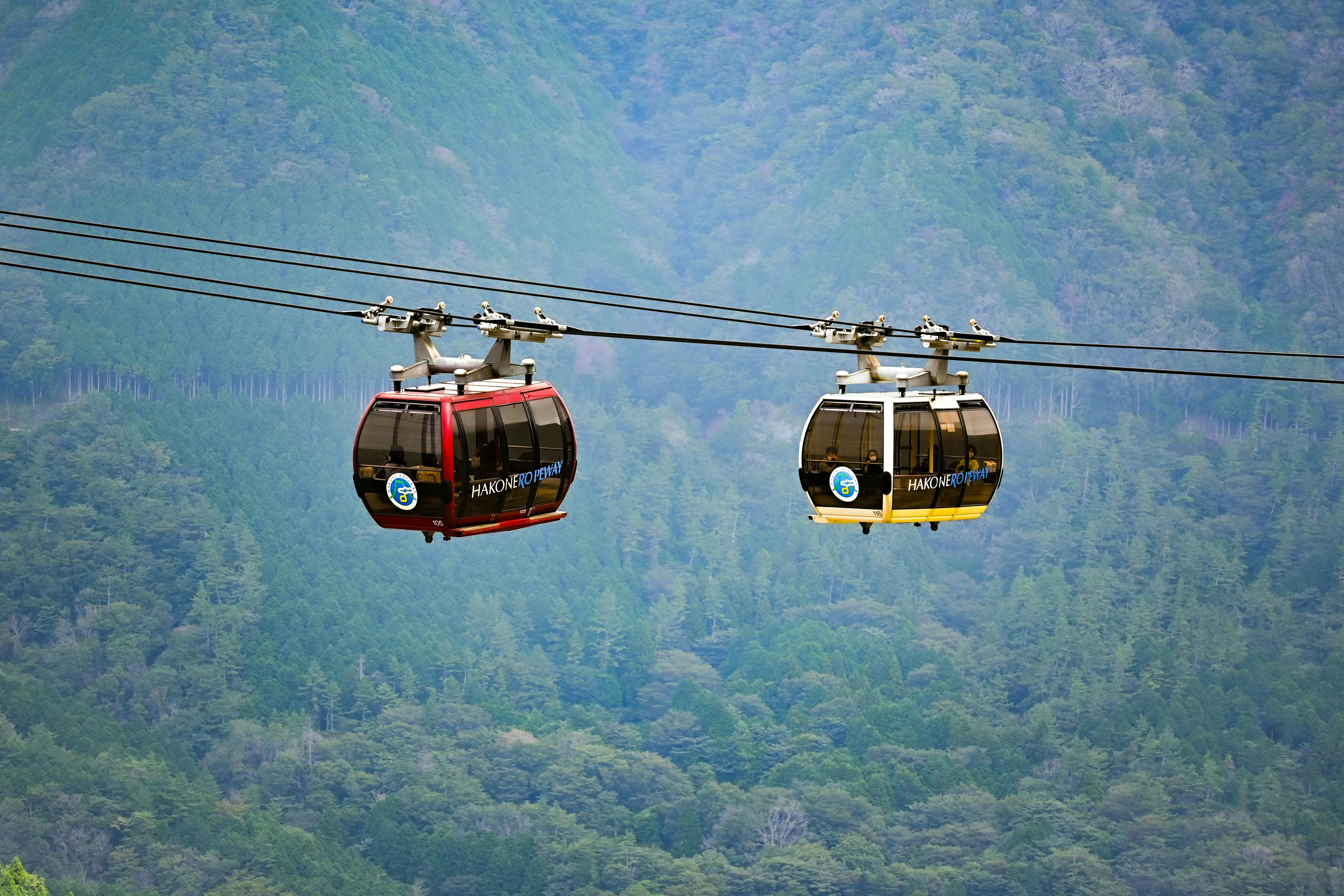 Two colorful gondola cable cars, one red and one yellow, travel side by side above a lush green forest with mountains in the background.