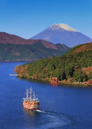A scenic view of a lake with a pirate ship-style boat, lush green hills, a red torii gate on the shore, and snow-capped Mount Fuji in the background under a clear blue sky.