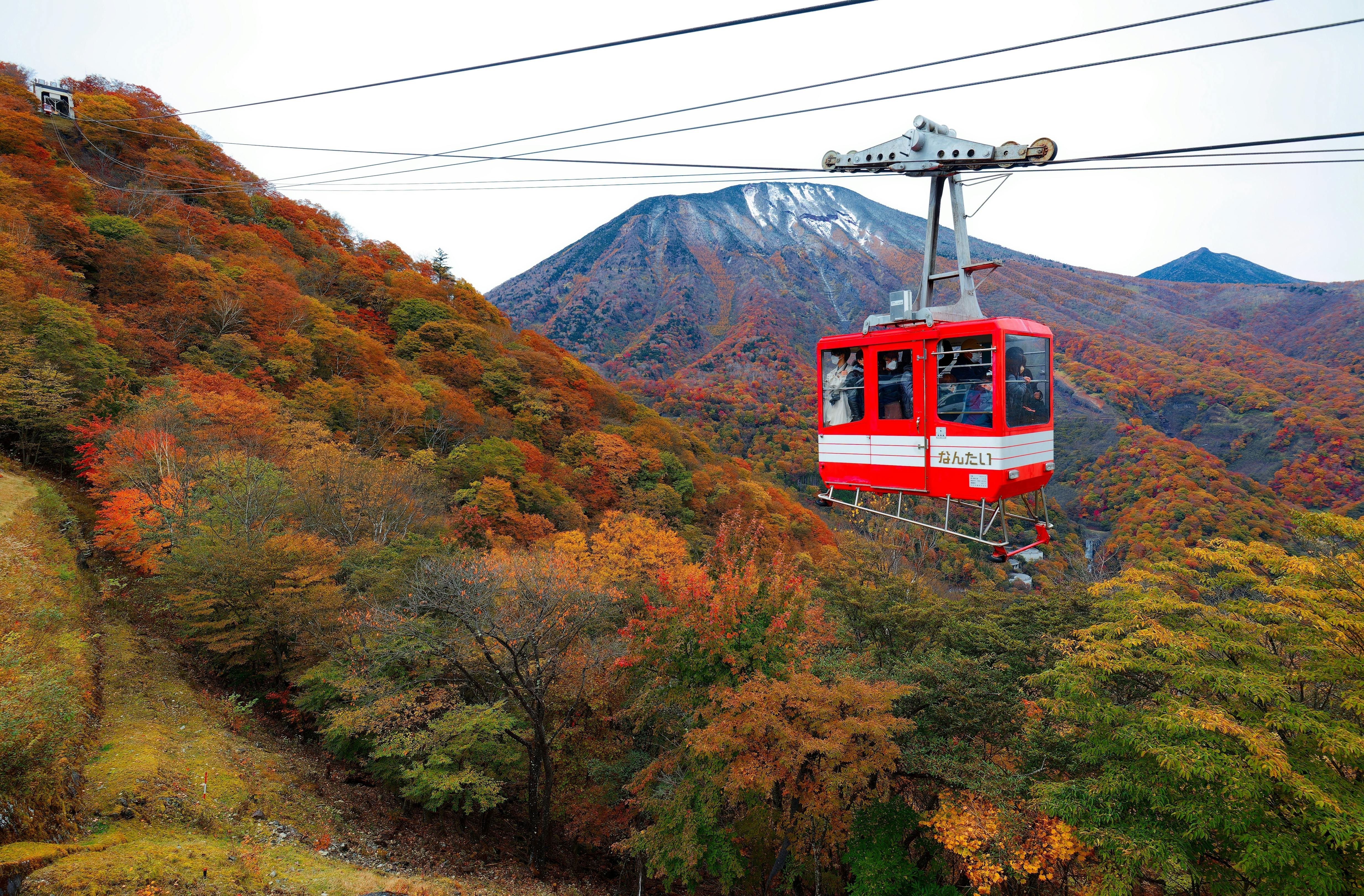 A red cable car travels above a forested mountain landscape with vibrant autumn foliage in shades of orange, yellow, and green. Snow-capped peaks and cloudy skies are visible in the background.