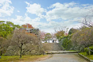 Stone steps lead upward between ancient stone walls and bare trees, with green and red foliage visible under a partly cloudy sky. Two people stand at the top of the steps in the distance.