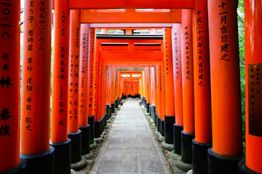 A pathway lined with numerous bright red torii gates, each inscribed with Japanese characters, creating a tunnel effect at a Shinto shrine, with green foliage visible at the sides.