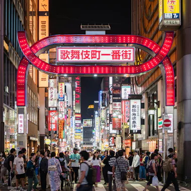A busy street in Tokyo’s Kabukicho district at night, with a large illuminated red gate, neon signs, and crowds of people walking beneath bright advertisements and shopfronts.