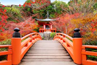 A vibrant red arched bridge leads to a traditional Japanese pagoda surrounded by colorful autumn trees with red, orange, and green leaves in a tranquil garden setting.