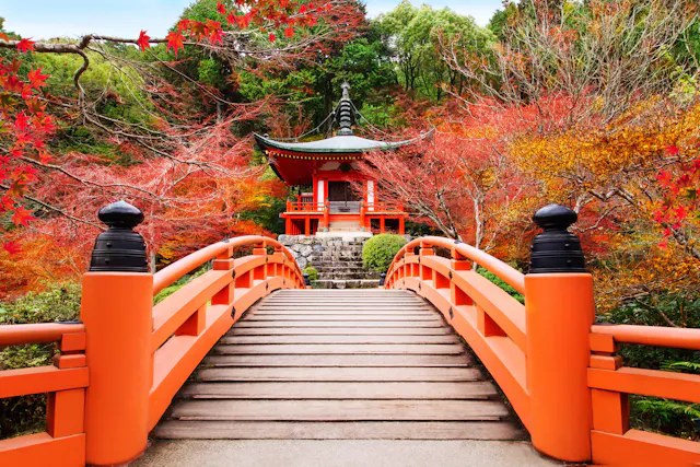 A vibrant red arched bridge leads to a traditional Japanese pagoda surrounded by colorful autumn trees with red, orange, and green leaves in a tranquil garden setting.