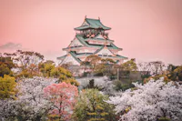 A traditional Japanese castle surrounded by blooming cherry blossom trees and vibrant foliage under a pink sky at sunset.