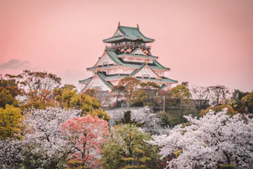 A traditional Japanese castle surrounded by blooming cherry blossom trees and vibrant foliage under a pink sky at sunset.