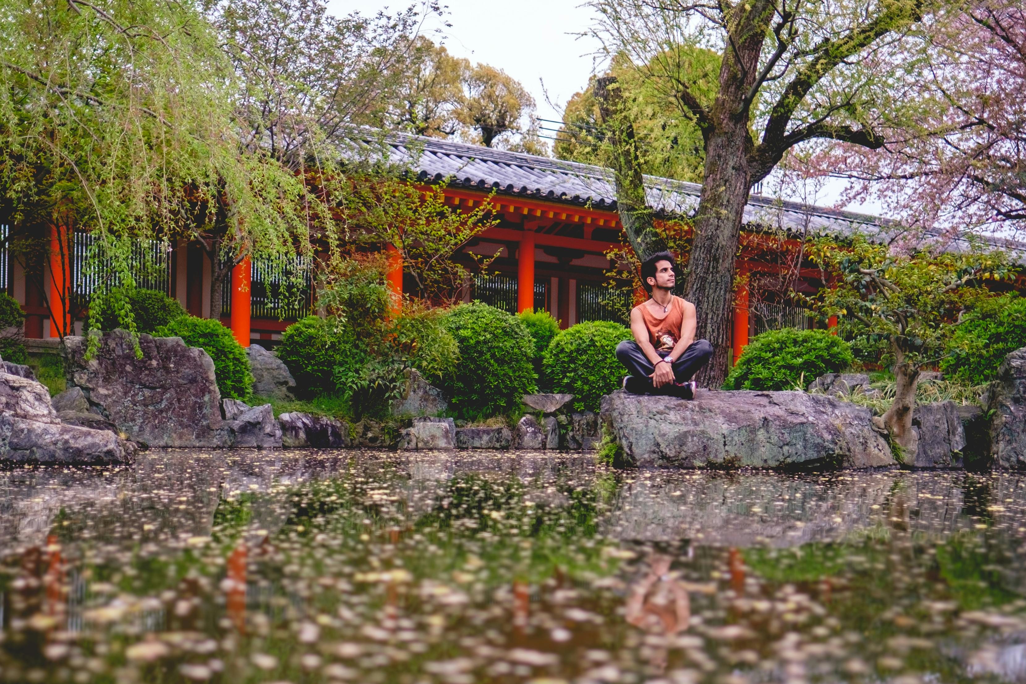 A person sits on a large rock beside a tranquil pond, surrounded by lush green bushes, trees, and a traditional building with red pillars in the background. Blossoms and leaves float on the water’s surface.
