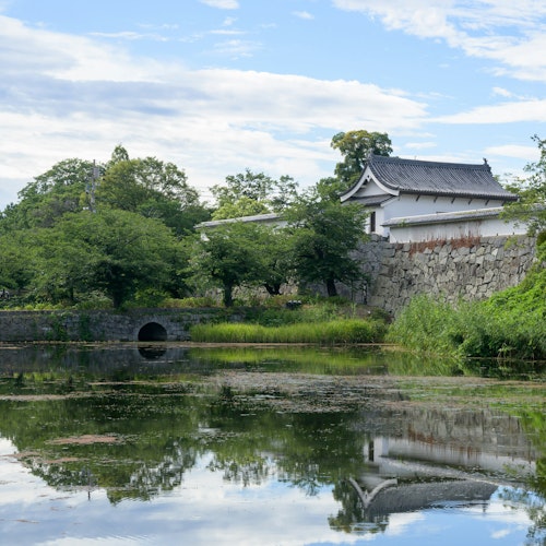 Fukuoka Castle Ruins A traditional Japanese castle building with white walls and a tiled roof stands behind a stone wall, surrounded by lush green trees and reflected in a calm, lily-covered pond under a partly cloudy sky.
