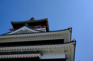 A close-up view of the upper levels of a traditional Japanese castle, featuring white walls, dark roof tiles, and ornate architectural details against a clear blue sky.