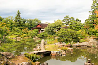 Traditional Japanese garden with a pond, stone pathway, lush greenery, rocks, and a wooden building surrounded by trees under a cloudy sky.