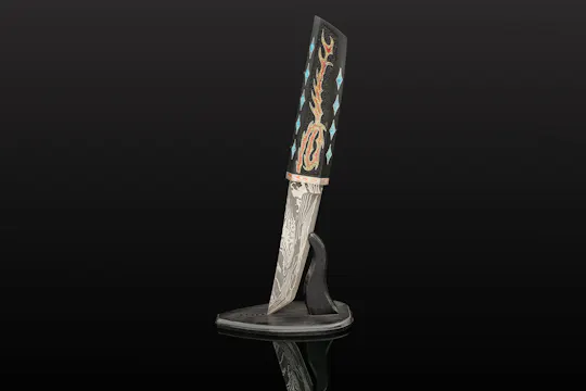 A decorative knife with an intricately patterned blade and a handle featuring colorful, artistic inlays, displayed upright in a black, curved stand against a dark background.