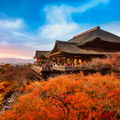 Kiyomizu-dera A large traditional Japanese temple overlooks vibrant autumn trees with orange and red leaves at sunset, under a dramatic blue sky with clouds.