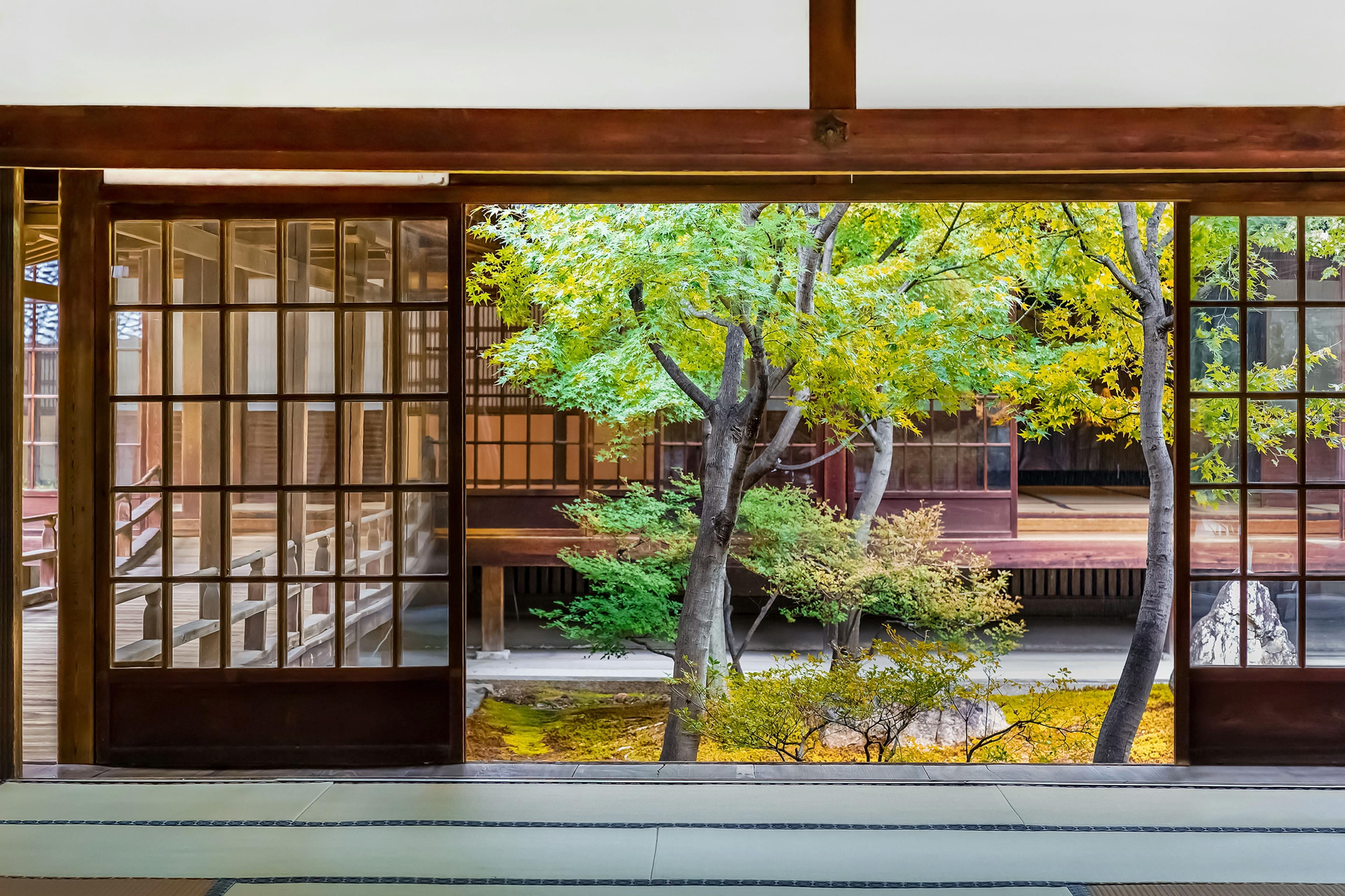 View from inside a traditional Japanese room with tatami flooring, looking out through wooden sliding doors onto a serene garden with green and yellow-leaved trees and a wooden building in the background.