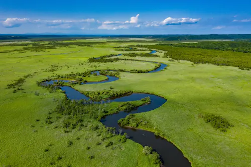A winding river flows through a vast green grassland under a bright blue sky with scattered clouds, surrounded by distant forests and hills.