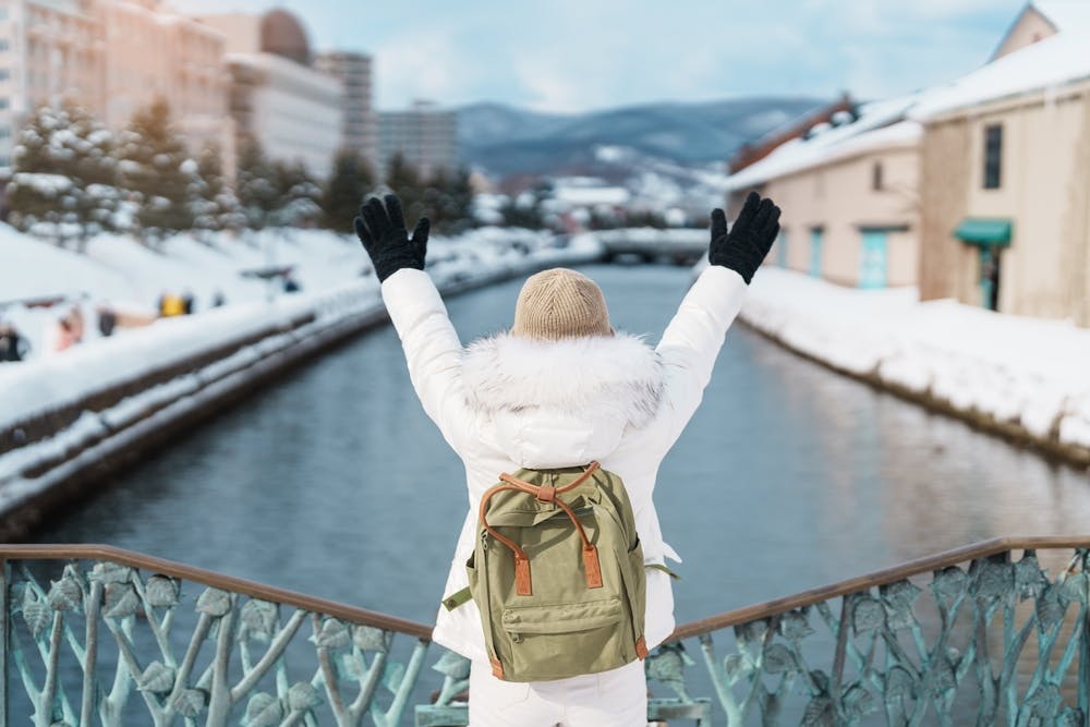 A person in a white coat and beanie stands on a snowy bridge, facing a canal with arms raised in joy. Snow covers the buildings and landscape, creating a winter scene.