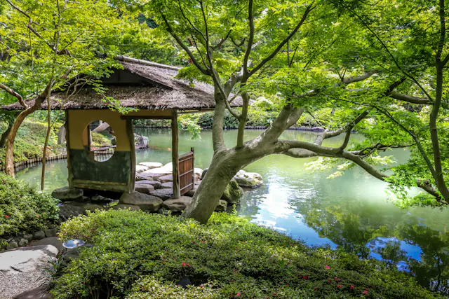 A traditional Japanese gazebo with a thatched roof sits beside a tranquil pond, surrounded by lush green trees and bushes, with sunlight filtering through the leaves and reflecting on the water.