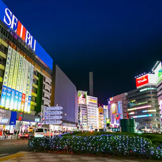 Ikebukuro A vibrant city street at night in Japan, illuminated by colorful neon signs and advertisements on tall buildings, with cars, people, and festive string lights on greenery in the foreground.