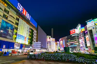 A vibrant city street at night in Japan, illuminated by colorful neon signs and advertisements on tall buildings, with cars, people, and festive string lights on greenery in the foreground.