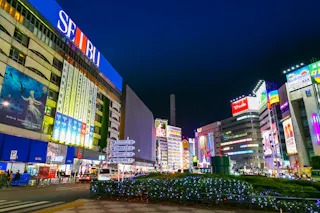 A vibrant city street at night in Japan, illuminated by colorful neon signs and advertisements on tall buildings, with cars, people, and festive string lights on greenery in the foreground.
