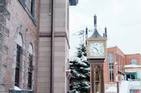 A vintage street clock with a gold frame stands outside in a snowy urban area, surrounded by brick buildings and snow-covered trees on a cloudy winter day.