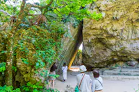 A group of people stands near large, mossy rock formations and lush green trees in a sunlit outdoor setting, observing the unique natural landscape and taking photos.