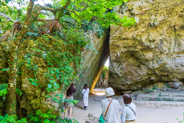 A group of people stands near large, mossy rock formations and lush green trees in a sunlit outdoor setting, observing the unique natural landscape and taking photos.