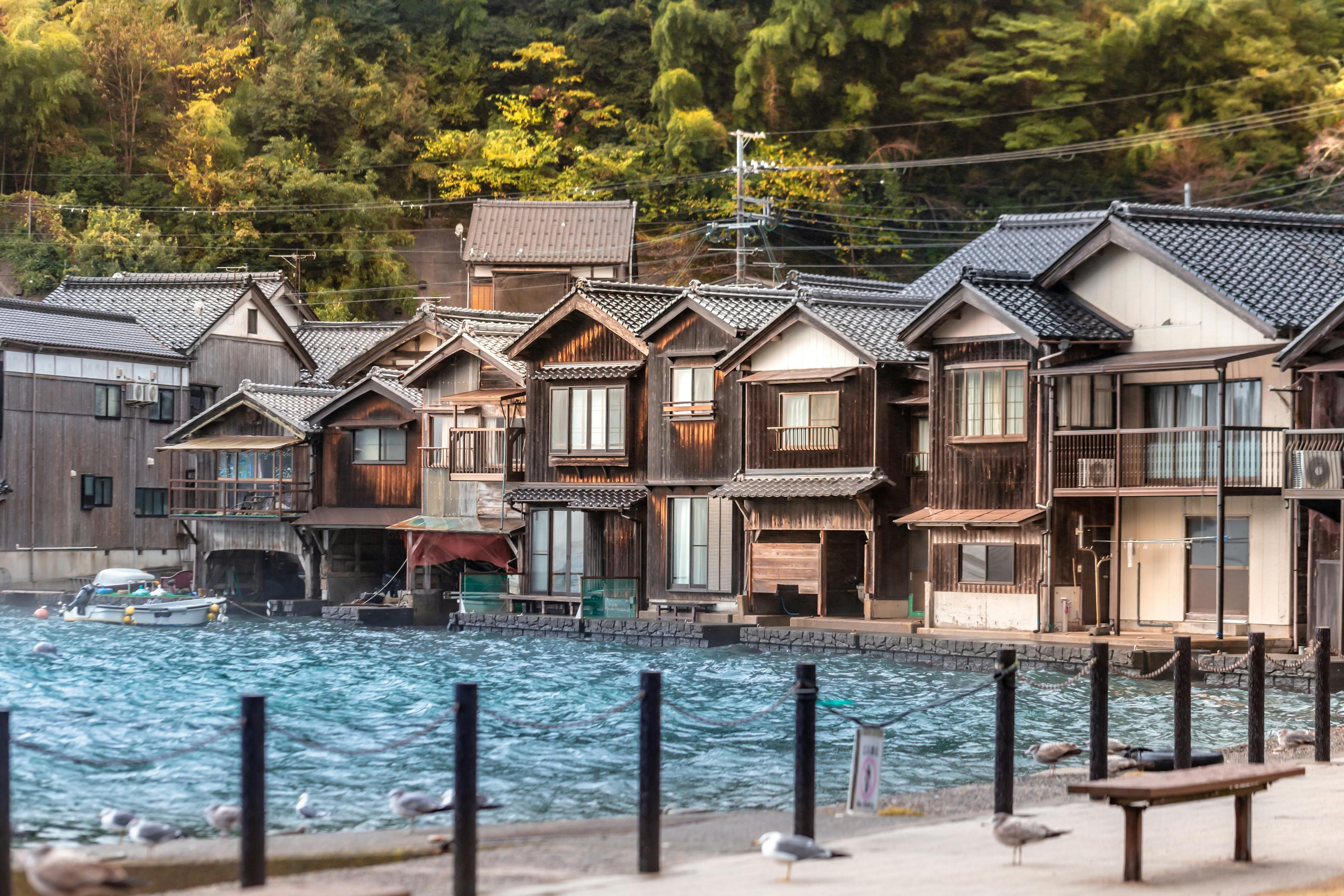 Traditional wooden houses line the water’s edge in a quiet Japanese fishing village, with boats docked nearby and seagulls resting on the shore. Lush green trees rise in the background.