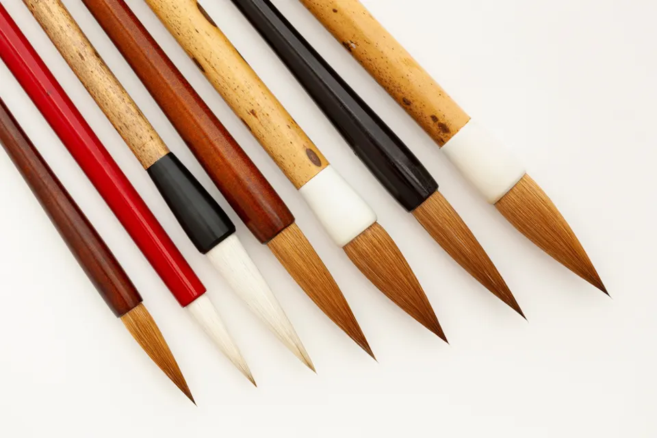 Kumano Brushes 一排七支不同大小和形状的毛笔,带有不同颜色和饰面的木柄,包括红色、棕色和米色。笔尖由精细的尖毛制成,排列在纯白色背景上。
