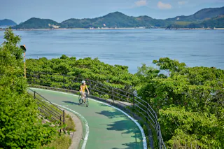 A person wearing a helmet and yellow shirt rides a bicycle on a winding green path surrounded by lush greenery, with calm blue water and distant mountains in the background.