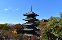 A traditional five-story Japanese pagoda stands among colorful autumn trees under a clear blue sky.