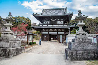 Traditional Japanese temple gate with a tiled roof, stone lanterns on either side, trees in the background, and a person standing in front of the entrance under a partly cloudy sky.
